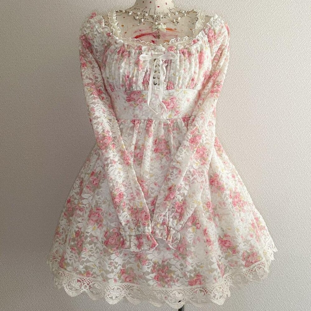 LIZ LISA 00S Brushed Power Full Lace Shoulder Rose Dress Hime